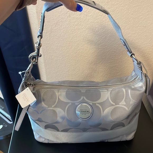 Coach sig stripe hobo item #F17434 Silver/Grey